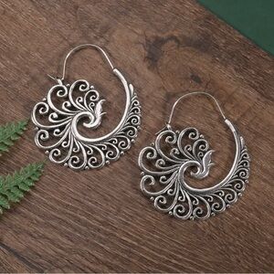 Vintage Craftsman Carved Peacock Pattern Hoop Earrings